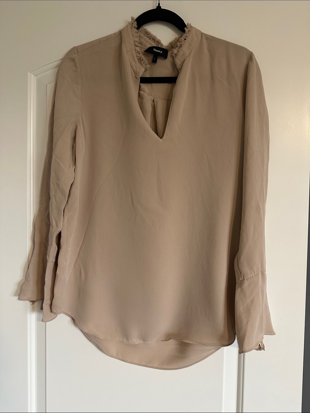 Theory Neutral Beige Frayed-Collar Long Sleeve Blouse, 100% silk